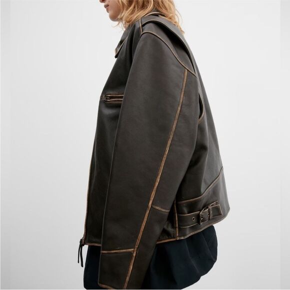 NEW Mango Oversized Worn-Effect Leather Jacket - Picture 13 of 17
